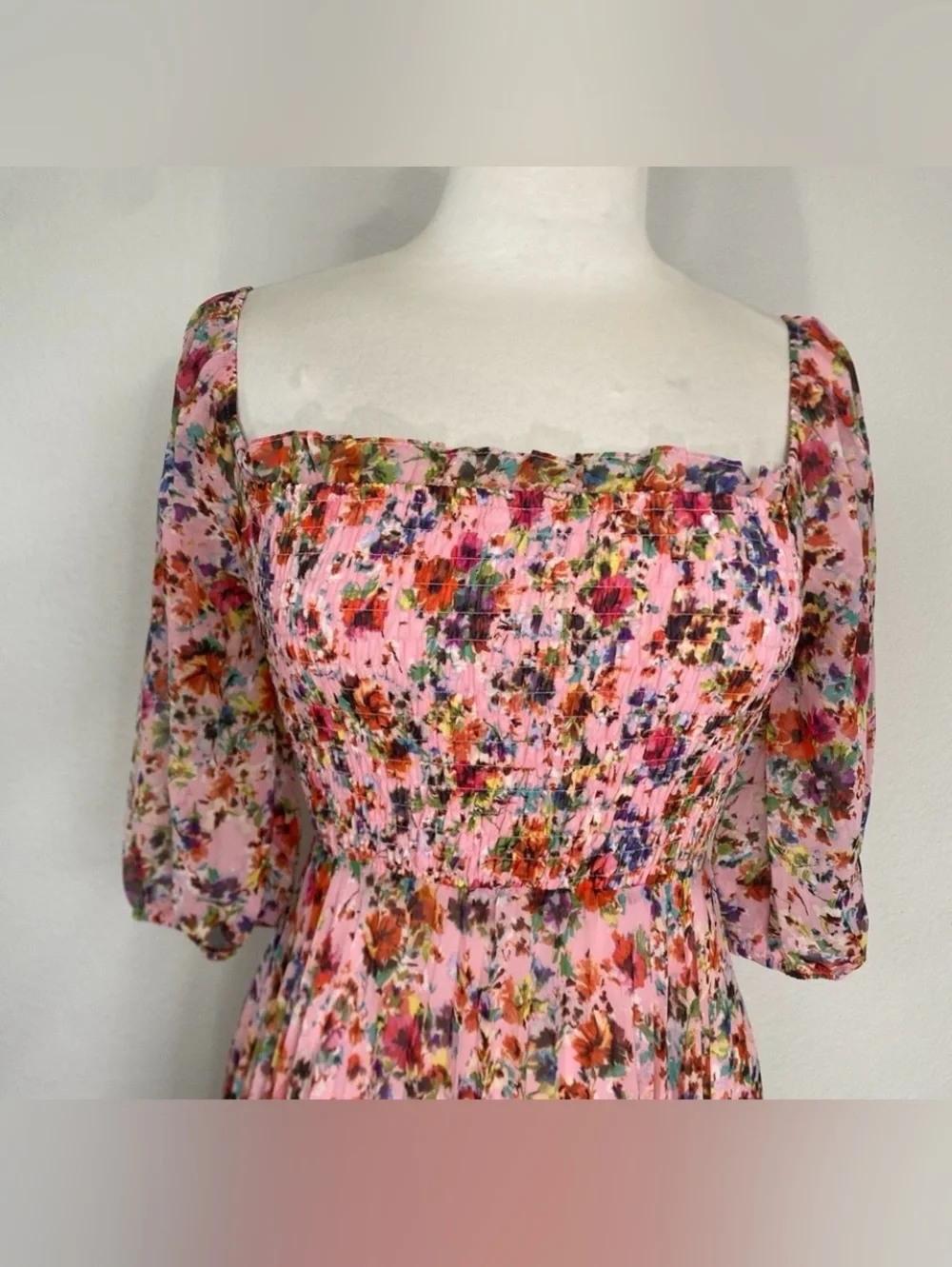 BCBGeneration Women Pink Floral Smock Midi Dress Size 4 Cottagecore Coastal Boho